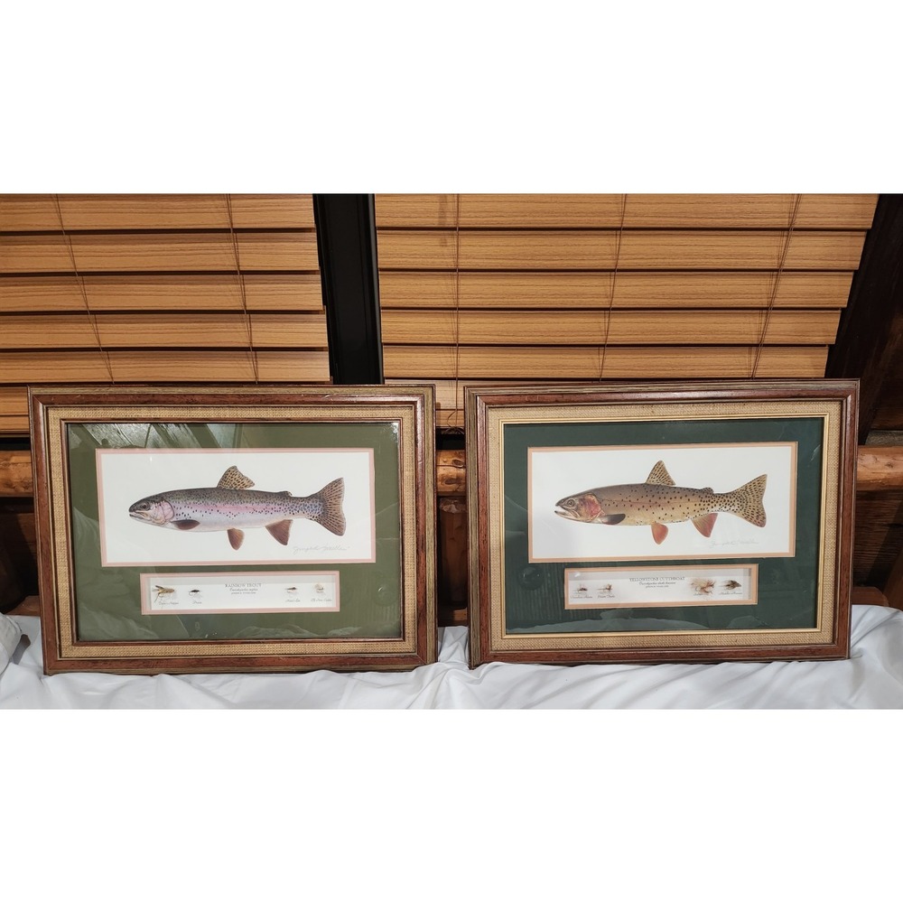 2 Joseph Tomelleri Framed Print SIGNED Yellowstone & Rainbow Trout w/ 4 Lures Ea